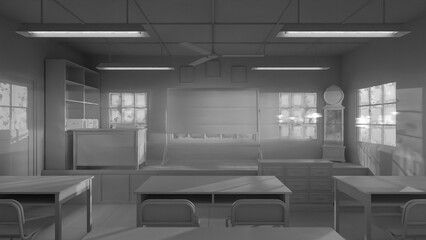 Abandoned classroom with a blackboard and a clock. The room is dark and empty. Premium photo 3d render