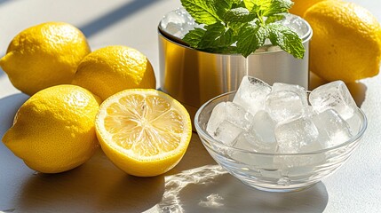 Compact home ice maker placed beside fresh-cut lemons and mint, glass bowl of ice cubes next to it, subtle kitchen shadows, smooth stainless texture, daylight clarity
