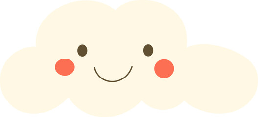 A cheerful cartoon cloud with rosy cheeks, round eyes, and a simple smile evokes a sense of happiness and whimsy. Simple and fun.
