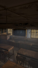Abandoned classroom with a blackboard and a clock. The room is dark and empty. Premium photo 3d render