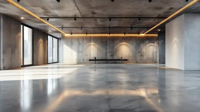 Large empty room with modern industrial design: concrete ceiling, shiny floor, wood and concrete walls in beige tones. Bright, spacious, minimalist, contemporary aesthetic.
