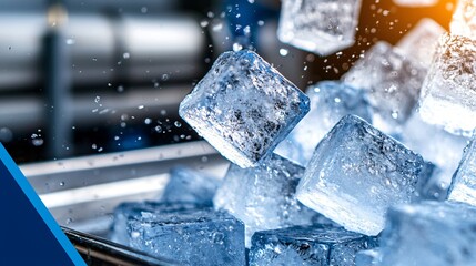 Obraz premium Frozen cubes captured mid-air as they drop into receiving tray, ultra-high detail on edges, camera focused on depth and light, silver-grey machine body behind