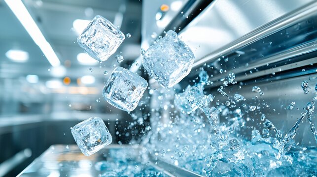 Frozen moment of ice cubes being ejected from a sleek ice maker, mid-motion capture, high detail on frozen surfaces, ambient modern kitchen environment, white and chrome palette