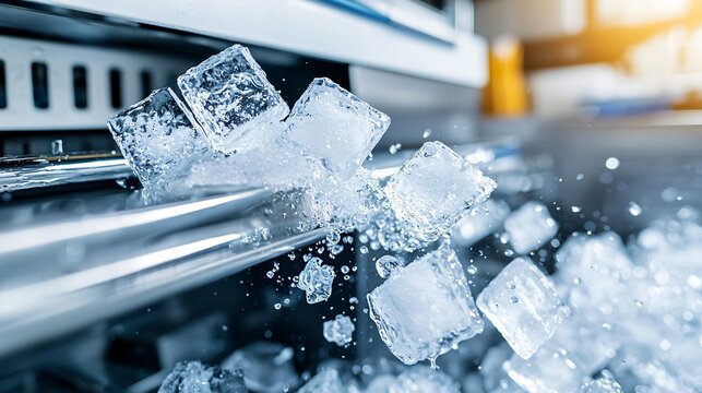 Frozen moment of ice cubes being ejected from a sleek ice maker, mid-motion capture, high detail on frozen surfaces, ambient modern kitchen environment, white and chrome palette