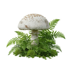 Majestic Toadstool in Lush Fern and Moss Setting