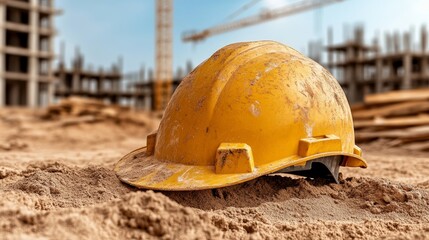 Construction worker safety helmet on building site crane in background construction environment industrial view