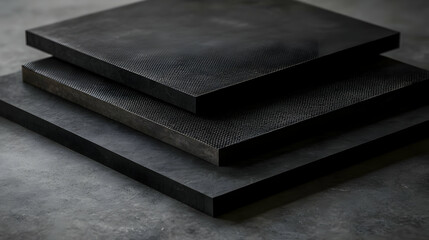 Stacked Black Material Squares on Gray Surface