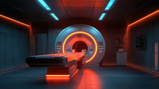 MRI scanner room with table and glowing light elements