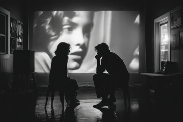 Man and woman seated in front of a projection screen.
