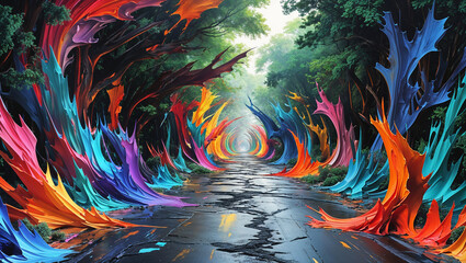Colorful abstract forest road with artistic paint splatters and vibrant nature elements