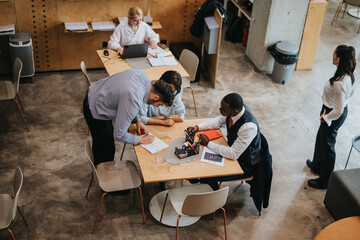 Diverse people collaborating in a rustic co working setting, an inspiring environment blending...