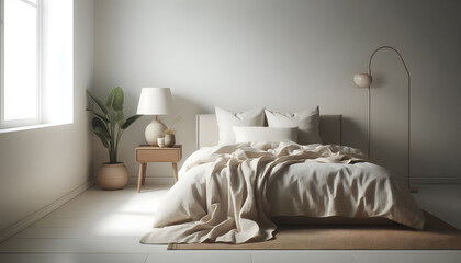 A peaceful, clean bedroom interior reflecting intentional living, using natural textures and calm lighting. Generative AI