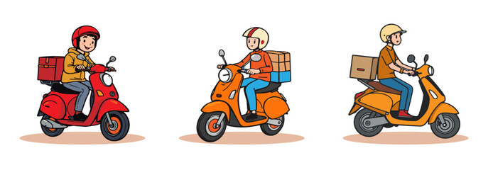 illustration delivery driver riding scooters colored scooter delivery box cartoon clipart transportation package courier © SachiDesigns