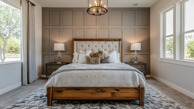 Interior bedroom scene with warm color palette and wood accents.