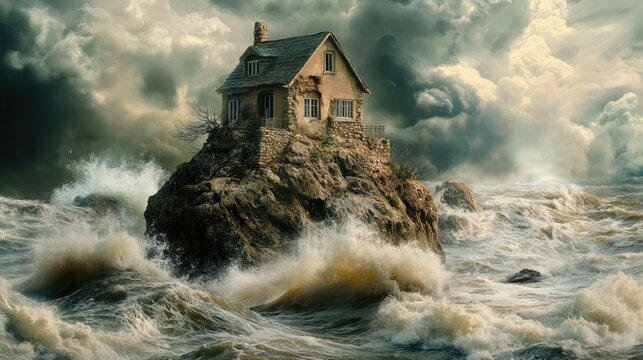The Wise and Foolish Builders: One house standing firm on a rock, while another collapses on shifting sand as stormy waves crash around them.