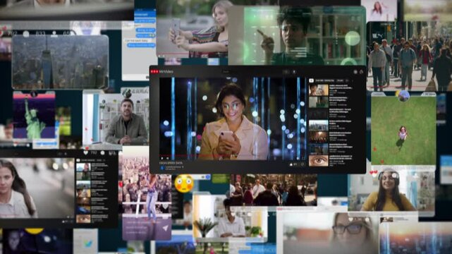 Social Media Content Digital Universe, AR IOT.  Multimedia, Social Profiles, and Online Gaming Converge in a Dynamic Virtual Space, Illustrating the Interconnectedness of Technology and Communication