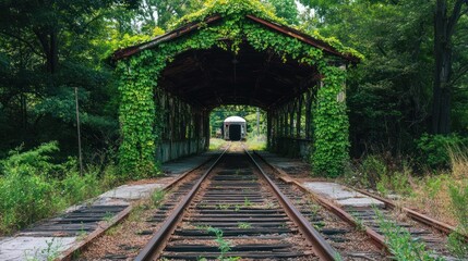Obraz premium Abandoned train tunnel overgrown with vegetation