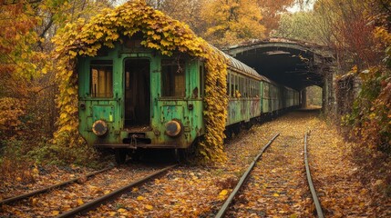 Abandoned train car covered in autumn leaves, nestled in a tunnel-like passage through the forest