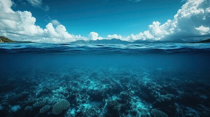 Ocean's surface meets underwater coral, island horizon