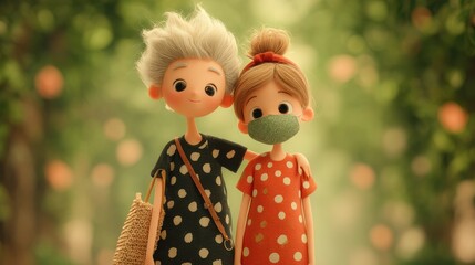 3d illustration, cute cartoon senior woman with lovely girl wearing face mask at park,photo stock
