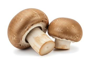 Fototapeta premium Two brown cap mushrooms with white stems isolated on a white background in a studio setting view