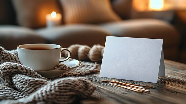 A cozy retirement scene with a blank white gift card tea and knitting supplies