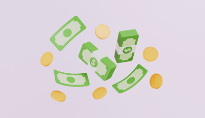 Floating cash, Money saving or financial success concept 3d illustration