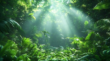 Fototapeta premium Lush green forest with towering trees and sunlight streaming through the canopy