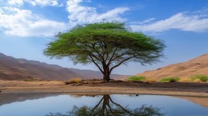 Obraz premium Lone tree by a tranquil desert pool