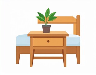 A simple wooden bed with a bedside table. A potted green plant sits on the table, adding a touch of nature