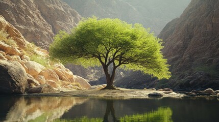 Solitary tree by tranquil mountain stream.  A vibrant green tree stands tall on a small, secluded island in a serene mountain stream.  Rocky cliffs frame the scene, reflecting in the calm water.