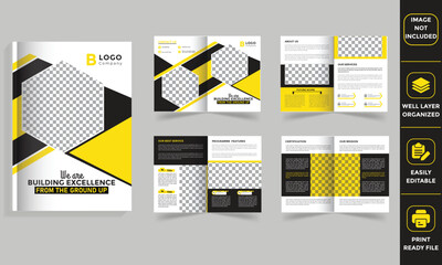 Construction Business Company Brochure, Magazine, Booklet, Catalog Design with yellow and black color shape