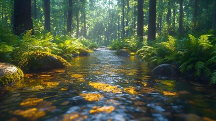 Obraz premium A serene forest stream flowing through a lush verdant landscape