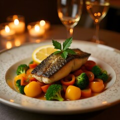 Exquisite fish dish served with vibrant vegetables at a fine dining restaurant in the evening