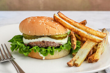 hamburger  served with french fries
