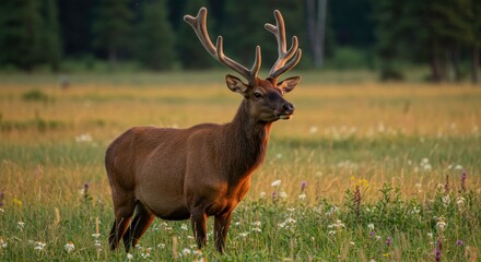 Obraz premium Majestic Elk Bull in Golden Meadow Peaceful Serene Wildlife Beauty