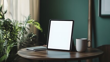 Modern tablet computer resting on a wooden table.