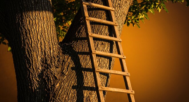 Wooden ladder leaning against a tree trunk at sunset. - Powered by Adobe