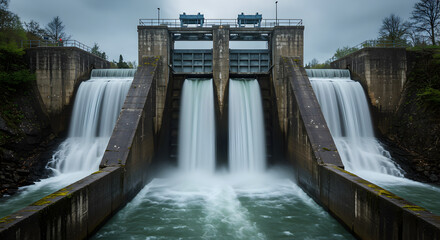 Concrete Dam with Cascading Waterfalls Under Overcast Sky In Outdoors With Long Exposure