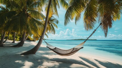 A hammock on a private island shaded by coconut palms.
