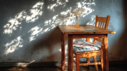 Minimalist dining wall in soft Swiss Coffee hue, adorned with delicate dried floral shadows on textured plaster, creating an inviting and serene ambiance.