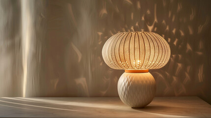 A modern lamp with Egyptian-inspired base and engraved sun disc pattern, set on pure white.