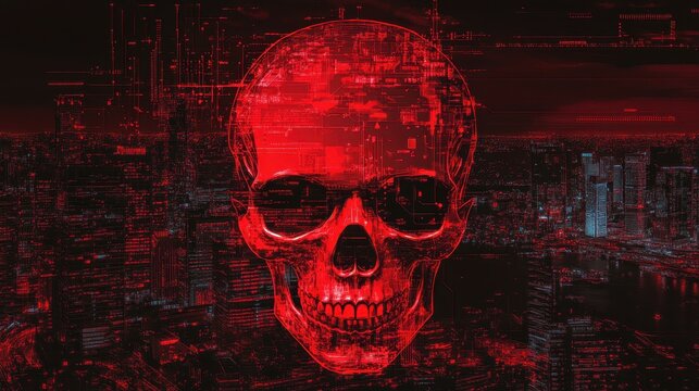 A giant red skull symbolizing a global cyber attack on digital infrastructure.