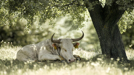 Fototapeta premium Peaceful white cow resting under a shady tree. A serene scene of a cow dozing in a grassy field, shaded by a large tree's canopy. Soft light bathes the tranquil landscape