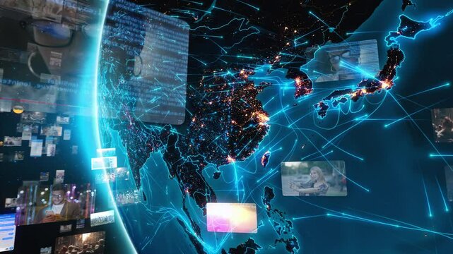 Great Animation of Earth Rotating. Asia From Space with Financial Charts and Figures. Abstract. Futuristic Business and Technology Concept, Artificial intelligence, IOT, AR. China, India, Japan. 