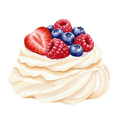 Watercolor illustration of a meringue nest dessert (Pavlova) filled with whipped cream and topped with fresh berries (raspberry, blueberry). Light airy dessert.