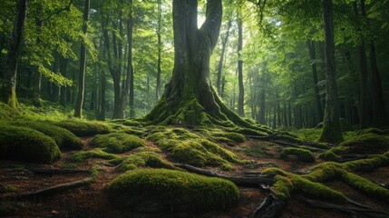 Obraz premium Majestic forest floor, sunlight filtering through dense canopy, ancient tree roots intertwined with mossy ground