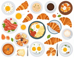 Delicious breakfast spread with various items including eggs, croissants, coffee, juice, cake, and more