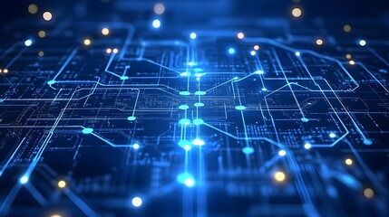 Obraz premium Abstract glowing circuit board technology background with nodes and connections illustrating digital network infrastructure.