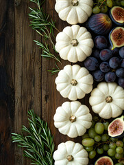 Overhead Vertical High-Res Photo of Harvest Tableau with Pumpkins, Figs, Grapes, and Rosemary